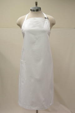 Bib apron style 740 shown in white 100% cotton gabardine with large right patch pocket.