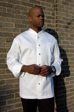 Chef Coat Style BSM103: Shown in White, 100% cotton gabardine, left chest patch pocket, & brass buttons.