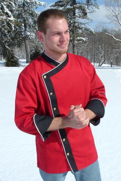 Chef Coat Style BSM105: Shown in Red & Black 100% cotton gabardine, with Snow White piping, left sleeve tailored welt pocket, & brass buttons.