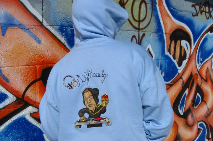 Hoodie: Custom hoodie (hoody, hooded sweatshirt), personalized with embroidered DJ Hoody logo on back. Light Blue, F170 Hanes 10 oz. PrintProXP� 90/10 Pullover Hoodie.