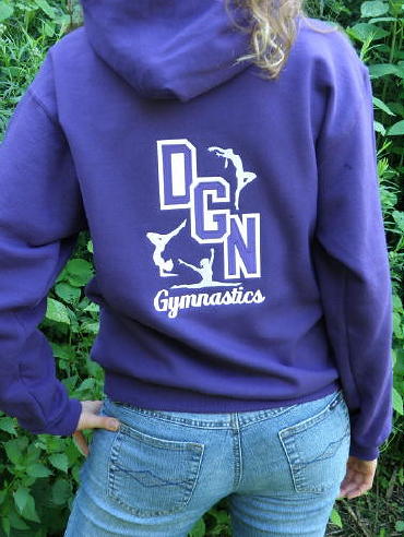 Hoodie: Custom hoodie (hoody, hooded sweatshirt), personalized with tackle twill Downers Grove North & embroidered mascot on the front, tackle twill DGN & embroidered gymnastics on the back. Deep Royal, F170 Hanes 10 oz. PrintProXP 90/10 Pullover Hoodie.