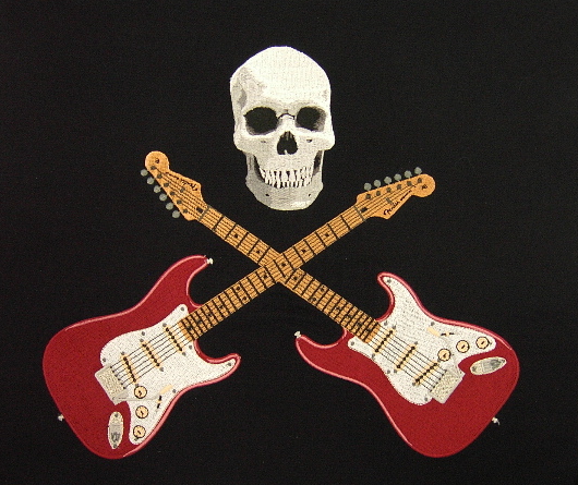 Embroidered human skull and crossed Fender Stratocaster� guitars on jacket back.