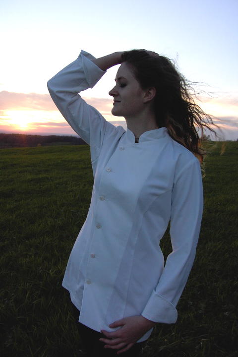 Women's Chef Coat Style CBW102: Shown in White 100% cotton Supima� gabardine, kissing collar, & River Shell buttons.
