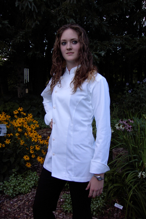 Women's Chef Coat Style CBW102: Shown in White 100% cotton Supima� gabardine, kissing collar, & River Shell buttons.