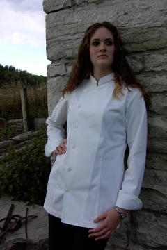 Women's Chef Coat Style CBW102: Shown in White 100% cotton Supima� gabardine, kissing collar, & River Shell buttons.