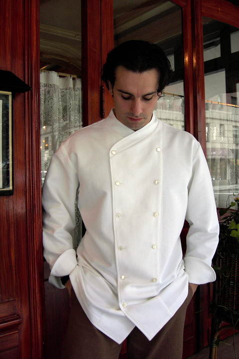 Chef Coat Style BSM101: Shown in White, 100% cotton gabardine, with faux mother-of-pearl buttons.