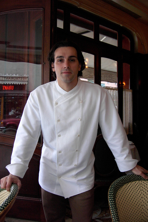 Chef Coat Style BSM101: Shown in White, 100% cotton gabardine, with faux mother-of-pearl buttons.