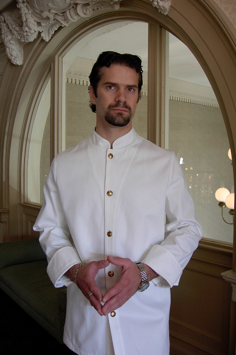 Chef Coat Style BSM104: Shown in white, 100% cotton gabardine, & brass on nickel buttons.