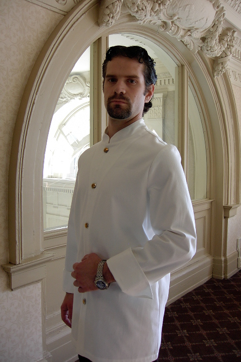 Chef Coat Style BSM104: Shown in white, 100% cotton gabardine, & brass on nickel buttons.