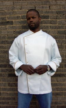 Chef Coat Style BSM105: Shown in white, 100% cotton petti point pique, cheviot gold piping (collar, front & cuffs) & faux mother-of-pearl buttons.