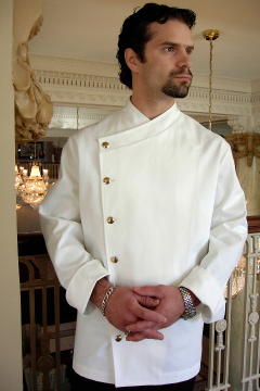 Chef Coat Style BSM105: Shown in white, 100% cotton gabardine with brass on nickel buttons.