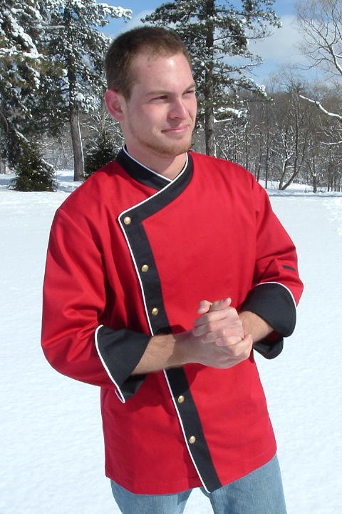 Chef Coat Style BSM105: Shown in Red & Black 100% cotton gabardine, with Snow White piping, left sleeve tailored welt pocket, & brass buttons.