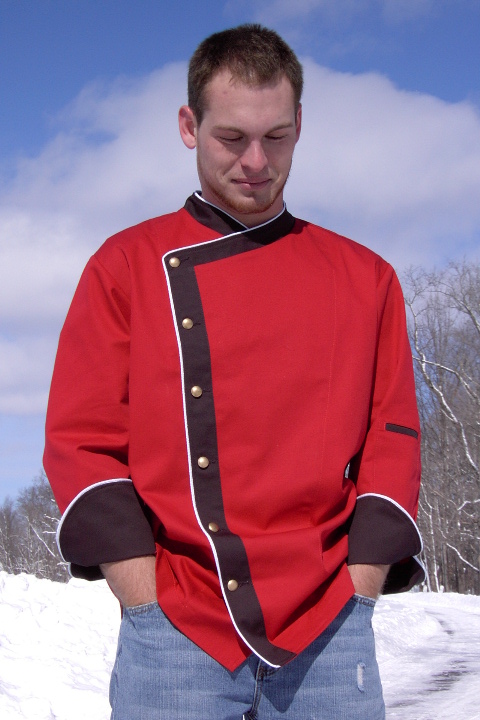 Chef Coat Style BSM105: Shown in Red & Black 100% cotton gabardine, with Snow White piping, left sleeve tailored welt pocket, & brass buttons.