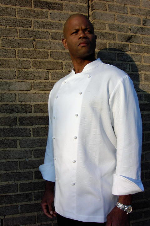 Chef Coat Style BSM108: Shown in white, 100% cotton petti point pique with hand tied knot buttons.