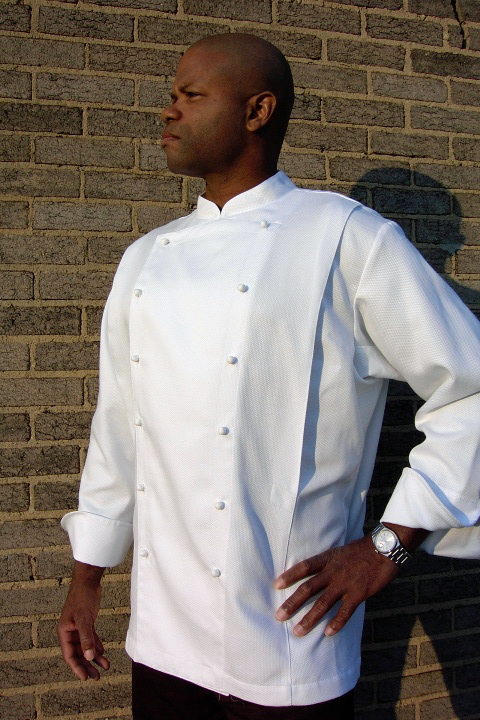 Chef Coat Style BSM108: Shown in white, 100% cotton petti point pique, kissing collar, front & back pleats & ball buttons.