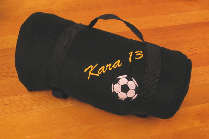 Fleece Blanket: Custom fleece blanket (fleece throw, fleece throw blanket, stadium blanket), personalized with embroidered name, number & soccer ball. Black, Fleece Blanket Style FB5060.