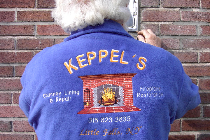 Fleece Jacket: Personalized, custom fleece Jacket embroidered with Keppel's Chimney Lining, Repair & Fireplace Restoration. True Royal, M980 Harriton 8 oz. Quarter-Zip Fleece Pullover.