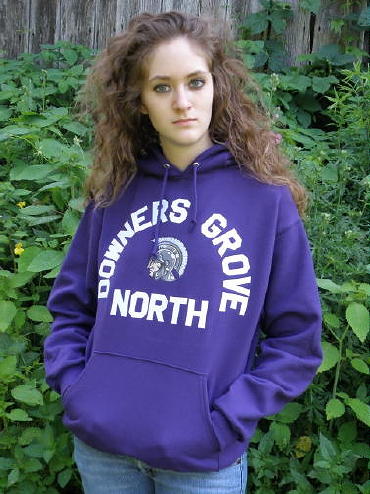 Hoodie: Custom hoodie (hoody, hooded sweatshirt), personalized with tackle twill Downers Grove North & embroidered mascot on the front, tackle twill DGN & embroidered gymnastics on the back. Deep Royal, F170 Hanes 10 oz. PrintProXP® 90/10 Pullover Hoodie.