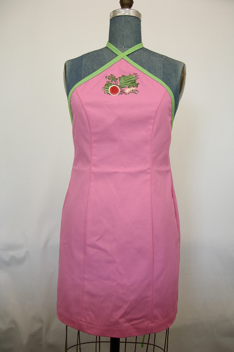 Women's Bib apron style W742; Shown in pink & lime, 100% cotton denim with embroidered watermelon botanical on center chest.