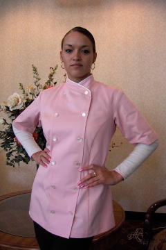 Women's Chef Coat Style BSW101: Shown in Pink, 100% cotton denim, White piping (collar), Left sleeve patch pocket & Faux mother-of-pearl buttons.