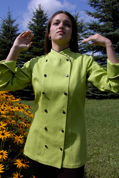 Women's Chef Coat Style BSW101: Shown in Kiwi, 100% cotton honeycomb pique, black piping (collar & cuffs) & pin shank buttons.