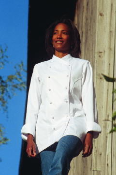 Women's Chef Coat Style BSW101: Shown in White, 100% cotton gabardine, & ball buttons.