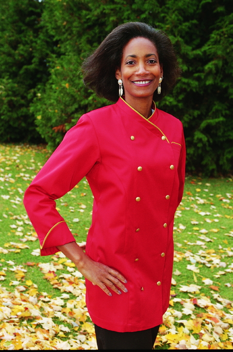 Women's Chef Coat Style BSW101: Shown in Red, 100% cotton denim, Cheviot Gold piping (collar, cuffs & pocket), Left chest tailored welt pocket, & brass buttons.