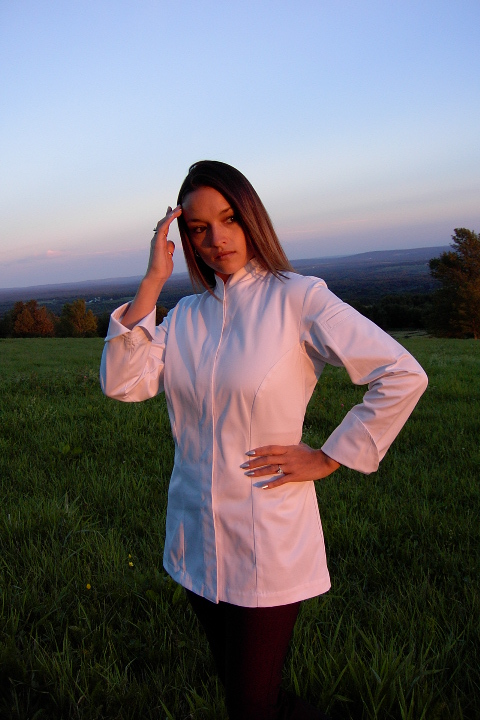 Women's Chef Coat Style CBW103H: Shown in white Supima gabardine, with left shoulder sleeve tailored welt pocket.