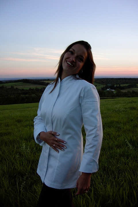 Women's Chef Coat Style CBW103H: Shown in white Supima® gabardine, with left shoulder sleeve tailored welt pocket.