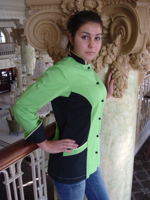 Women's Chef Coat Style BSW104: Shown in Lime & black, 100% cotton denim, piping (collar, pockets & cuffs) two front hip tailored welt pockets, & hand tied knot buttons.