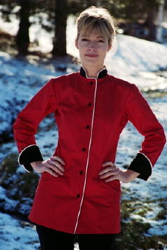 Women's Chef Coat Style BSW104: Shown in Red & black, 100% cotton denim, piping (collar, front & cuffs), two front hip pockets, & hand tied knot buttons.