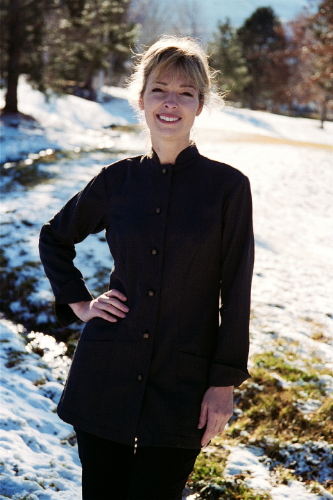 Women's Chef Coat Style BSW104: Shown in black, 100% cotton Gabardine, & metal on black horn horse head buttons.