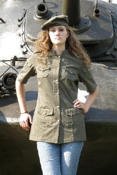 Women's Chef Coat Style BSW104: Shown in Jalapeno green @ Tiger Stripe Camo, 100% cotton denim and 100% combed cotton ripstop, 6 pockets, short sleeves, brass buttons & shown with a Beret.
