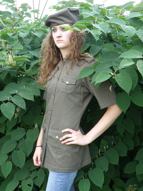 Women's Chef Coat Style BSW104: Shown in Jalapeno green @ Tiger Stripe Camo, 100% cotton denim and 100% combed cotton ripstop, 6 pockets, short sleeves, brass buttons & shown with a Beret.