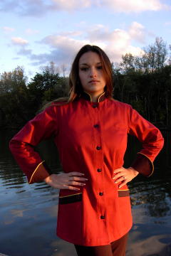 Women's Chef Coat Style BSW104: Shown in red & black, 100% cotton denim, two front hip tailored welt pockets, cheviot gold piping (collar, cuffs & pockets) & pin shank buttons.