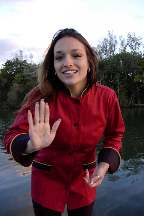 Women's Chef Coat Style BSW104: Shown in red & black, 100% cotton denim, two front hip tailored welt pockets, cheviot gold piping (collar, cuffs & pockets) & pin shank buttons.