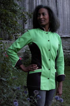 Women's Chef Coat Style BSW104: Shown in Lime & black, 100% cotton denim, piping (collar, pockets & cuffs) two front hip tailored welt pockets, & hand tied knot buttons.
