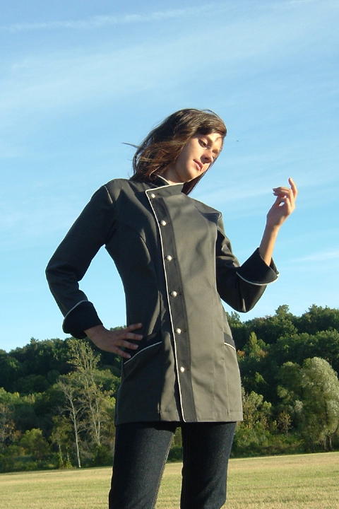 Women's Chef Coat Style BSW105: Shown in graphite & charcoal, 100% cotton gabardine, with natural white piping, two front-hip tailored welt pockets, & concho buttons.