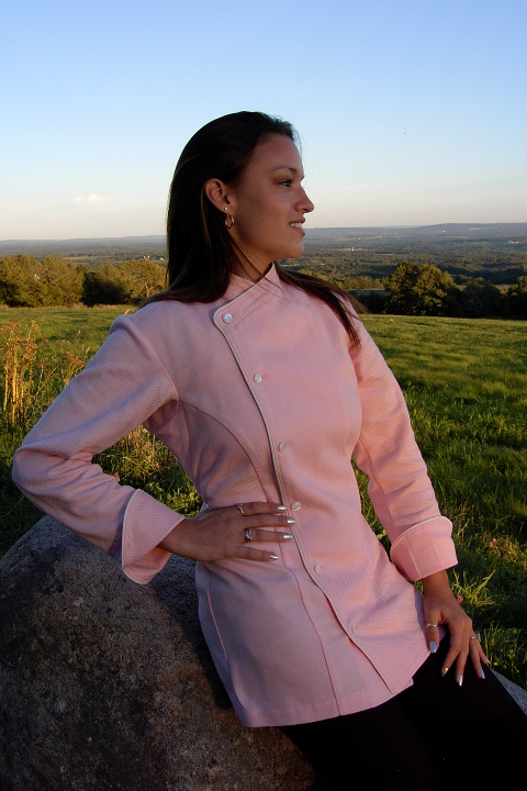 Women's Chef Coat Style BSW105: Shown in Peach, 100% cotton petti point pique, ivory piping (cuffs, collar & front) & faux Mother-of-Pearl buttons.