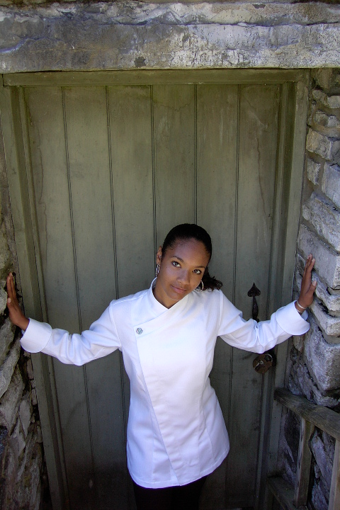 Women's Chef Coat Style CBW105H: Shown in white Supima gabardine, with Abalone top button.