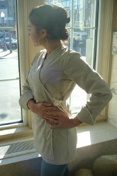 Women's Chef Coat Style BSW106: Shown in Wheat, 100% cotton seersucker, with Ivory piping (cuffs, collar & front).