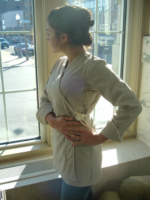 Women's Chef Coat Style BSW106: Shown in Wheat, 100% cotton seersucker, with Ivory piping (cuffs, collar & front).